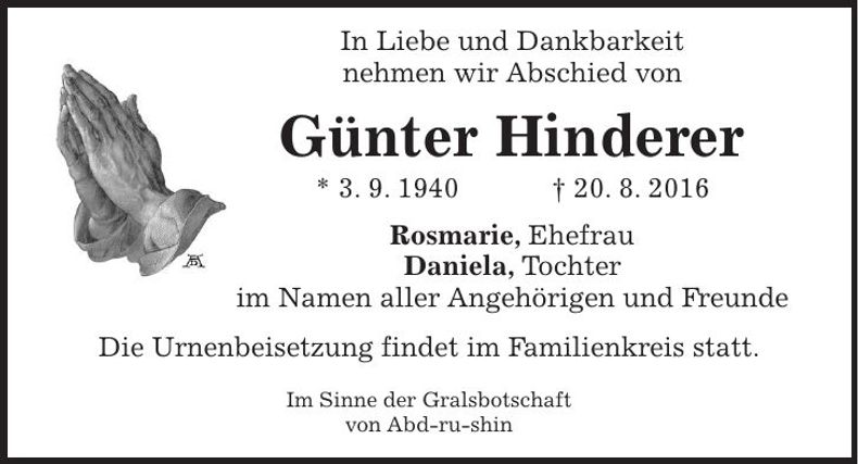 Traueranzeige Günter Hinderer