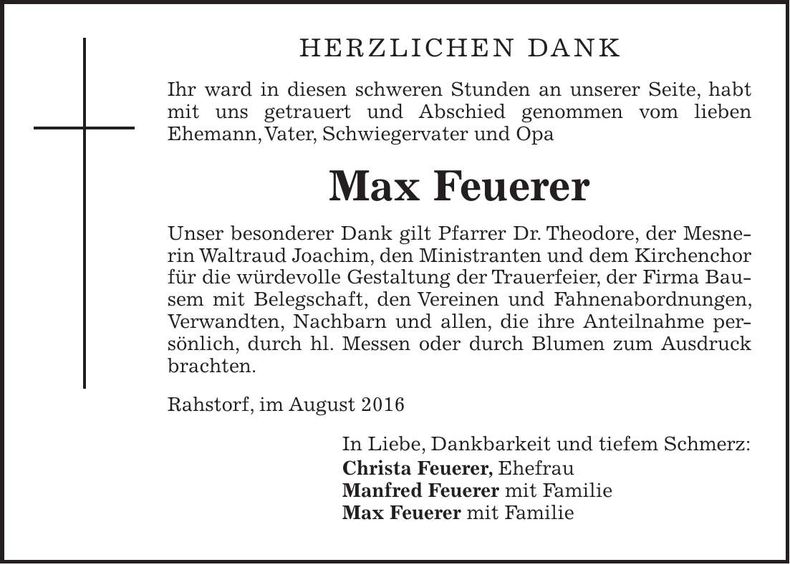 Traueranzeige Max Feuerer