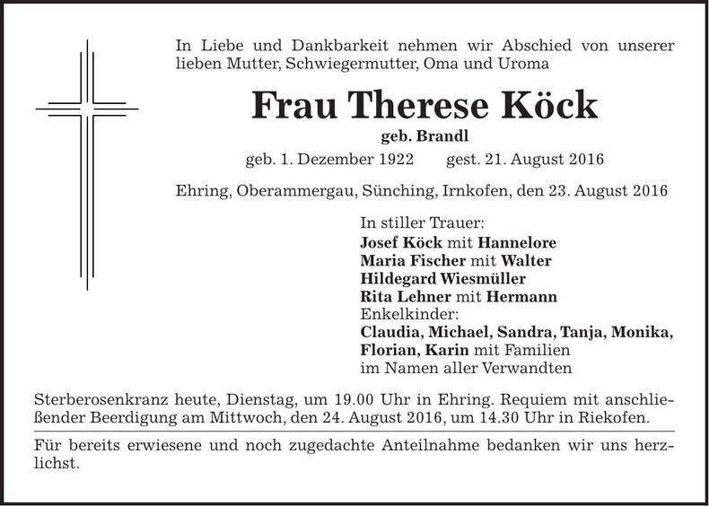 Traueranzeige Therese Köck