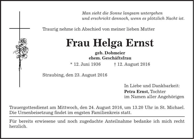 Traueranzeige Helga Ernst