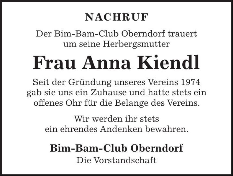 Traueranzeige Anna Kiendl