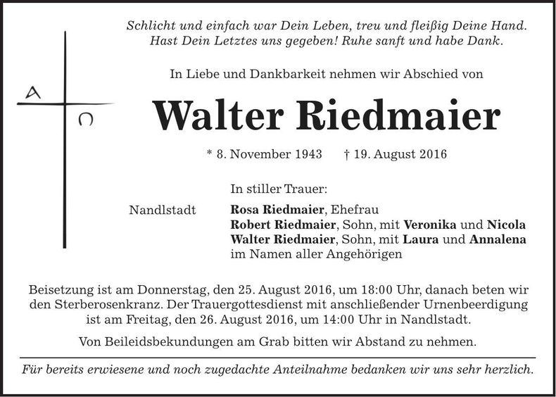 Traueranzeige Walter Riedmaier