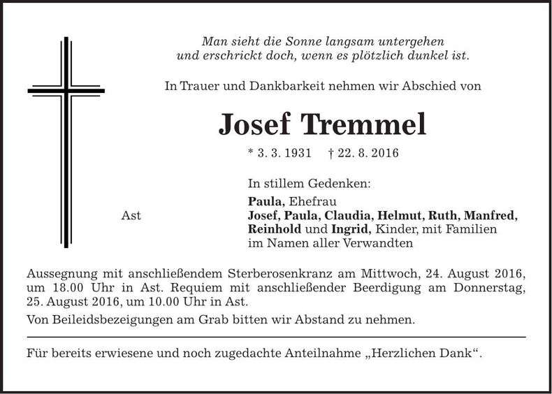 Traueranzeige Josef Tremmel