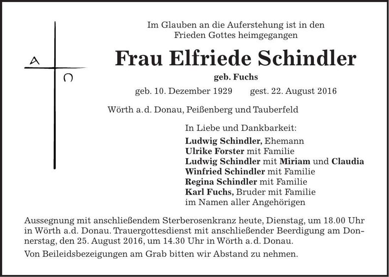 Traueranzeige Elfriede Schindler