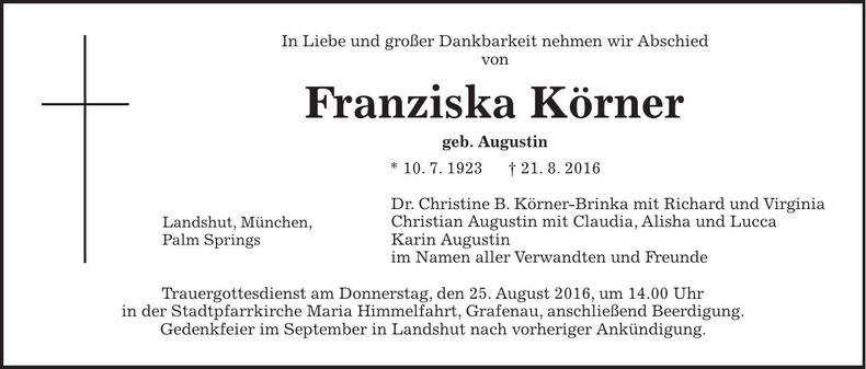 Traueranzeige Franziska Körner