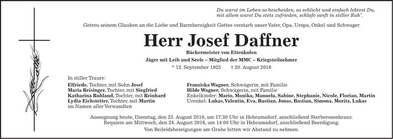 Traueranzeige Josef Daffner
