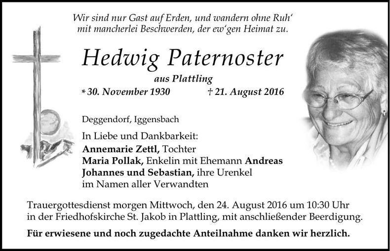 Traueranzeige Hedwig Paternoster