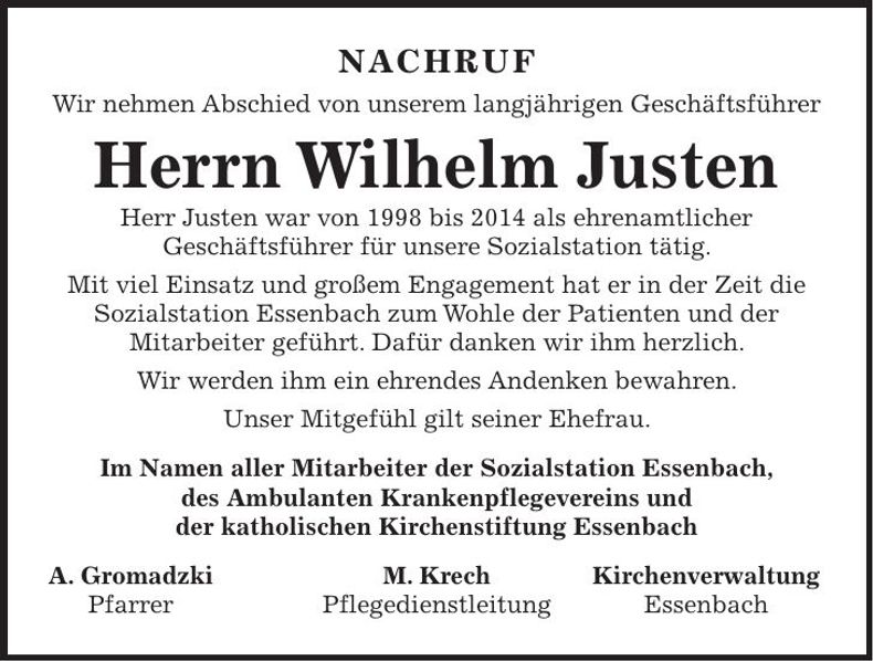 Traueranzeige Wilhelm Justen