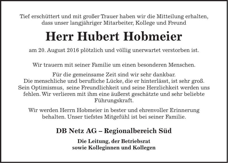 Traueranzeige Hubert Hobmeier