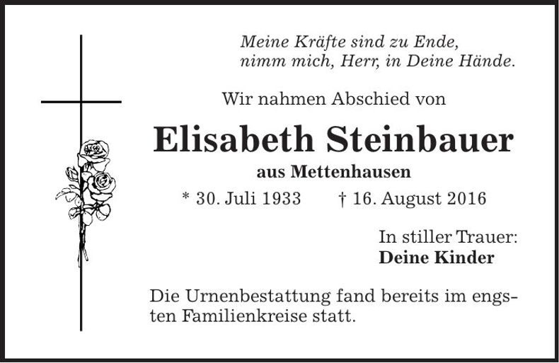 Traueranzeige Elisabeth Steinbauer