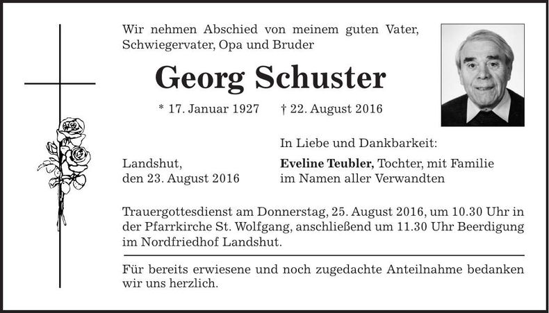 Traueranzeige Georg Schuster