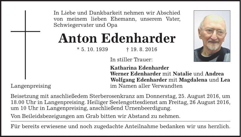 Traueranzeige Anton Edenharder
