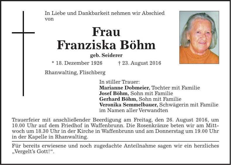 Traueranzeige Franziska Böhm