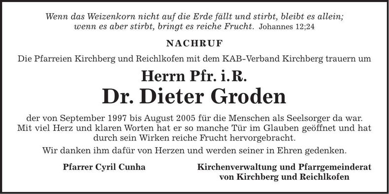 Traueranzeige Dieter Dr. Groden