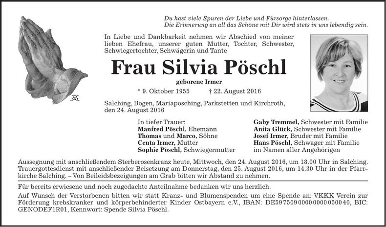 Traueranzeige Silvia Pöschl