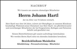 Traueranzeige Johann Hartl