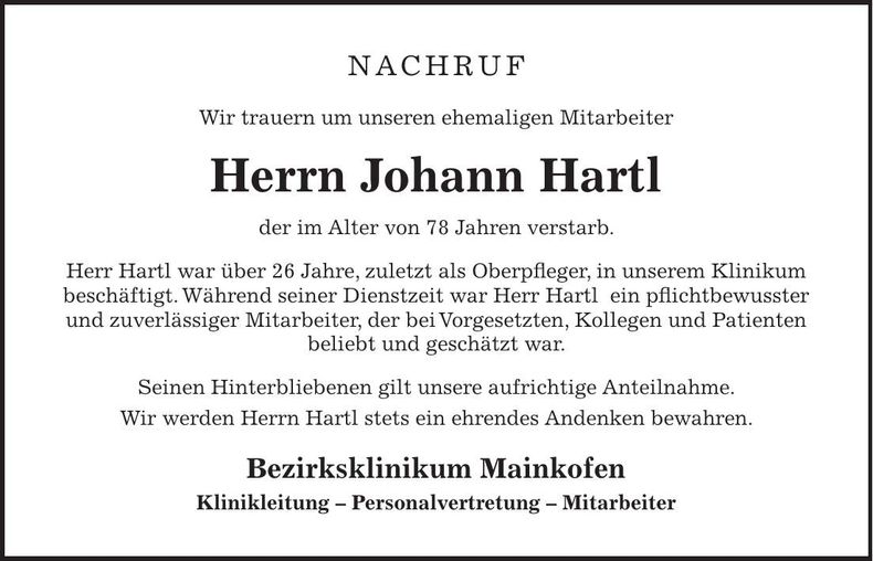Traueranzeige Johann Hartl