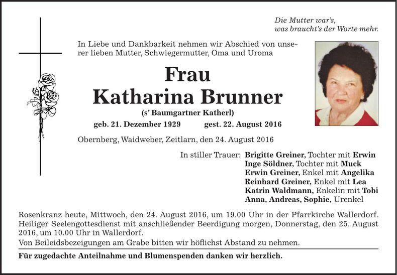 Traueranzeige Katharina Brunner