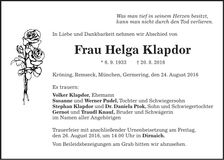 Traueranzeige Helga Klapdor
