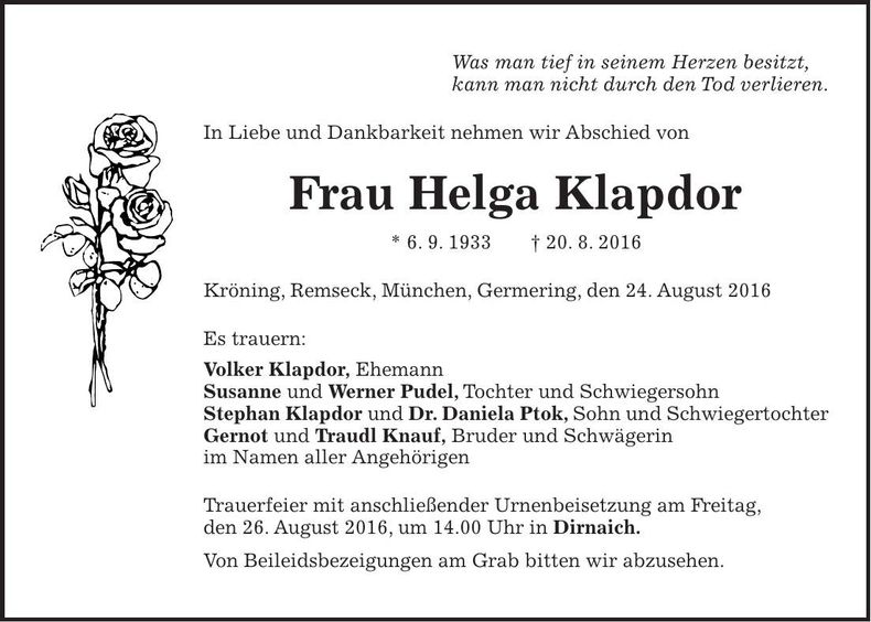 Traueranzeige Helga Klapdor