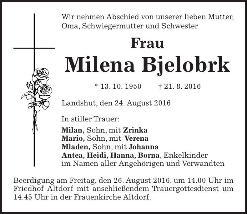 Traueranzeige Milena Bjelobrk