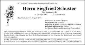 Traueranzeige Siegfried Schuster