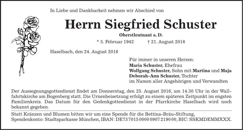 Traueranzeige Siegfried Schuster