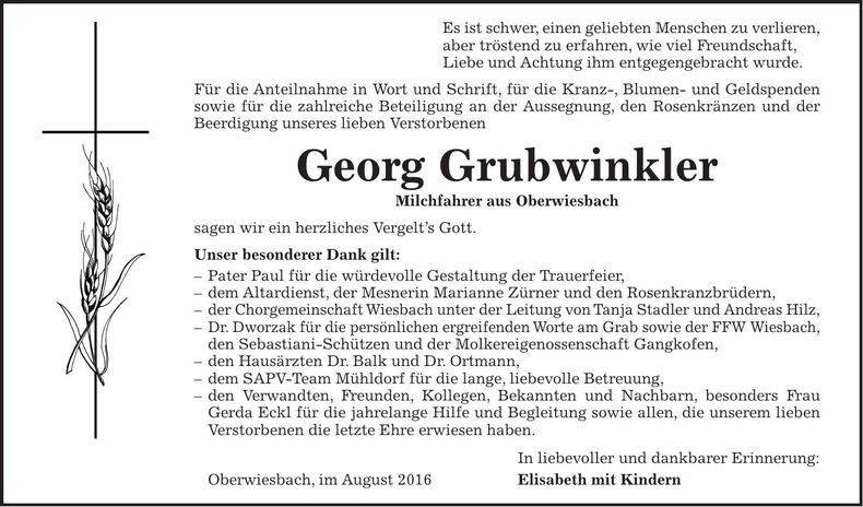 Traueranzeige Georg Grubwinkler