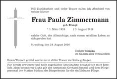 Traueranzeige Paula Zimmermann
