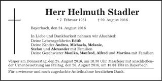 Traueranzeige Helmuth Stadler