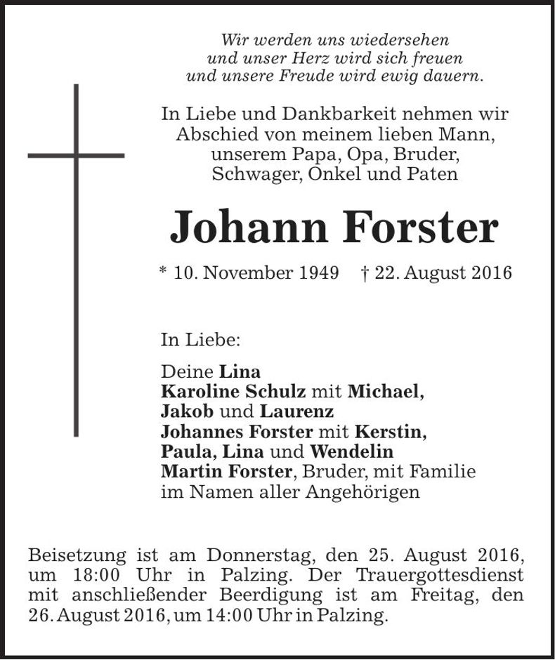 Traueranzeige Johann Forster