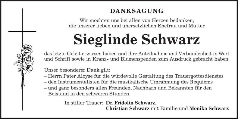 Traueranzeige Sieglinde Schwarz