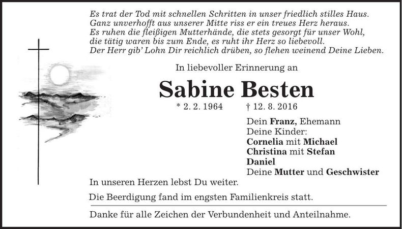 Traueranzeige Sabine Besten