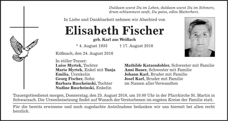 Traueranzeige Elisabeth Fischer