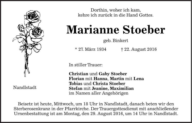 Traueranzeige Marianne Stoeber