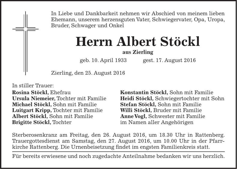 Traueranzeige Albert Stöckl