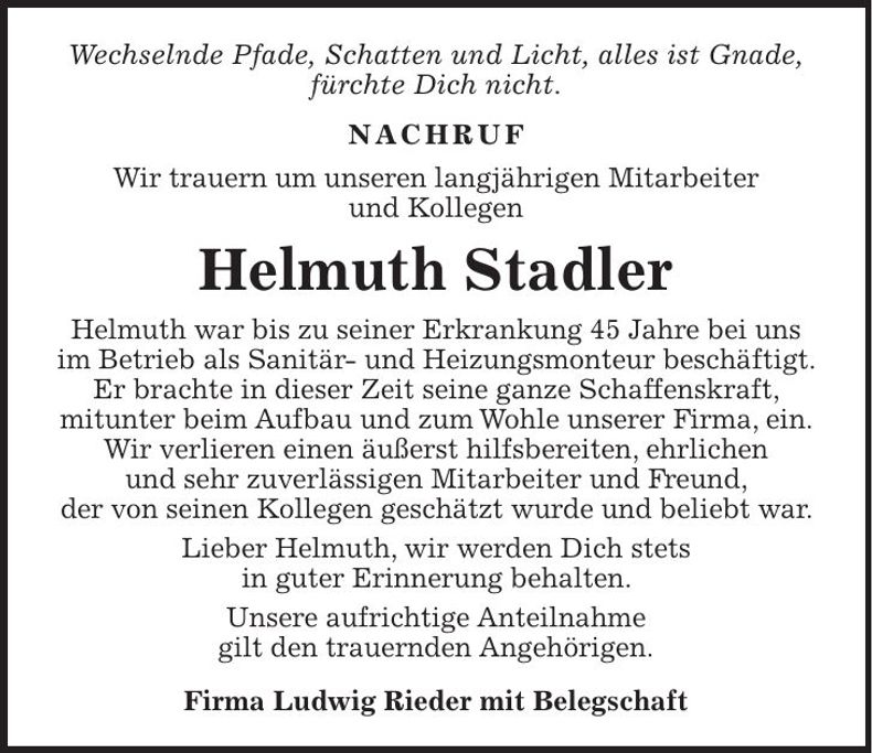 Traueranzeige Helmuth Stadler