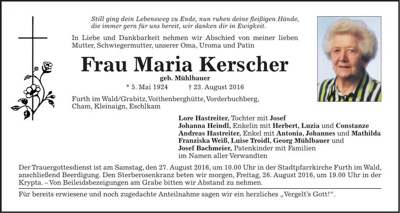 Traueranzeige Maria Kerscher