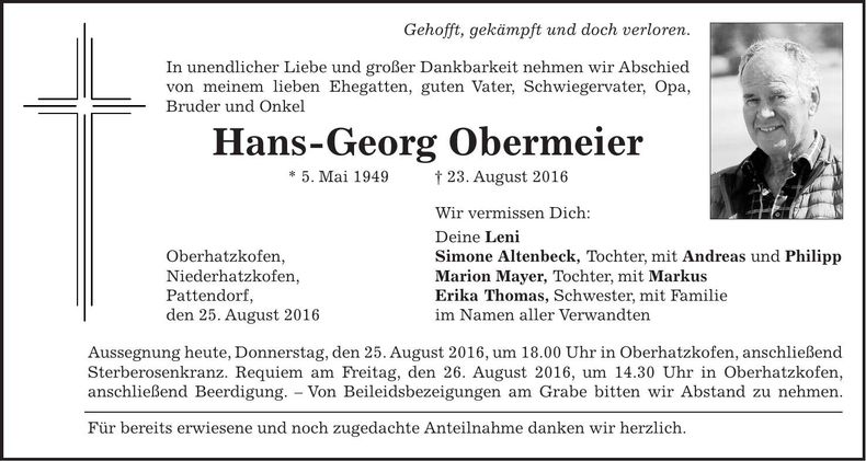 Traueranzeige Hans Georg Obermeier