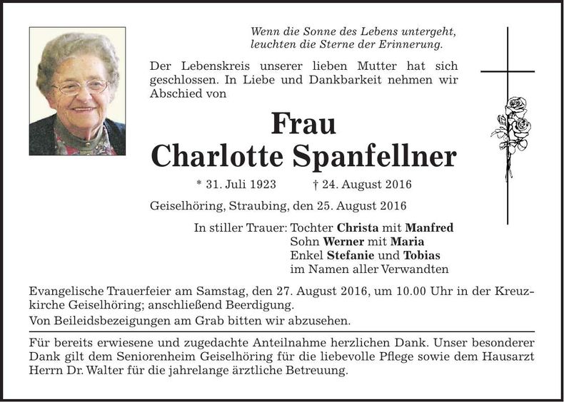 Traueranzeige Charlotte Spanfellner