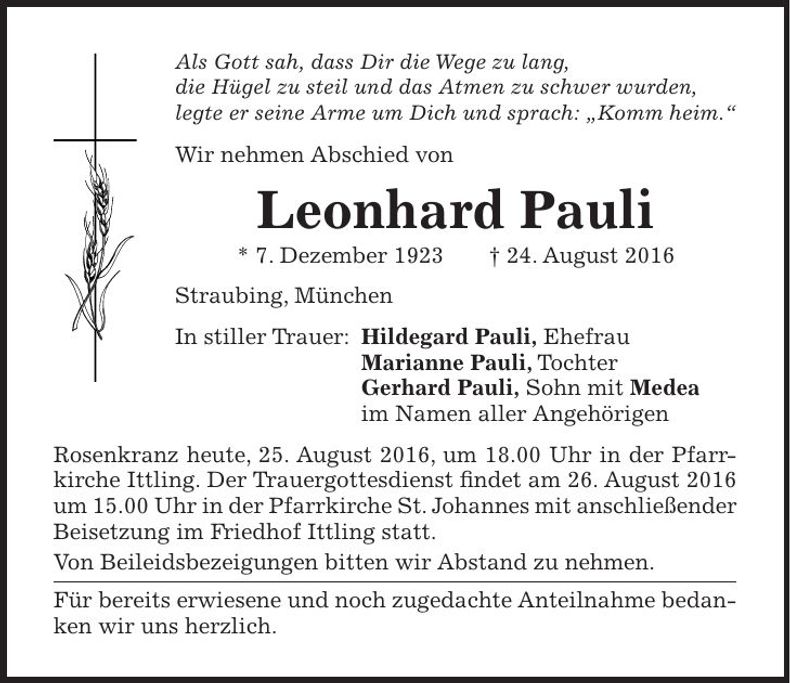 Traueranzeige Leonhard Pauli