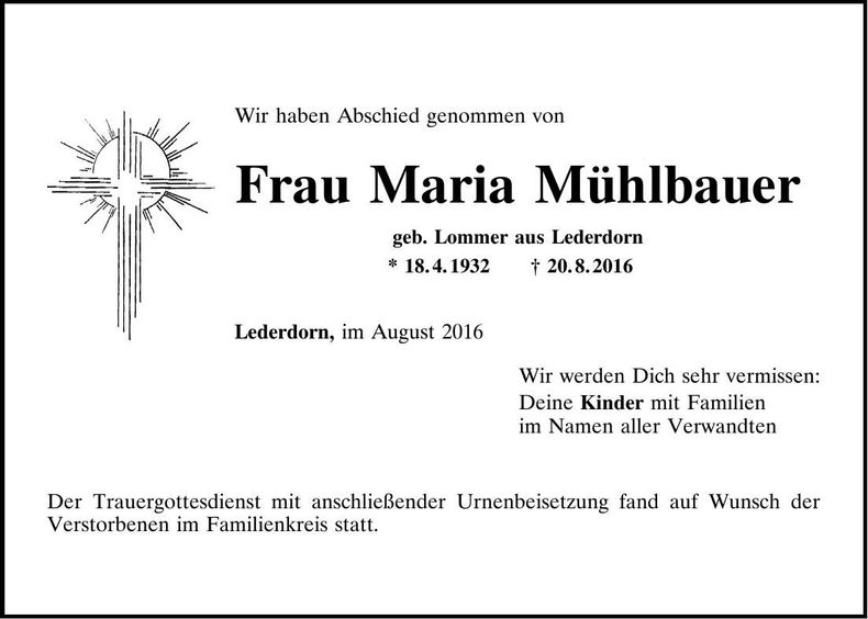 Traueranzeige Maria Mühlbauer
