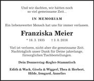 Traueranzeige Franziska Meier