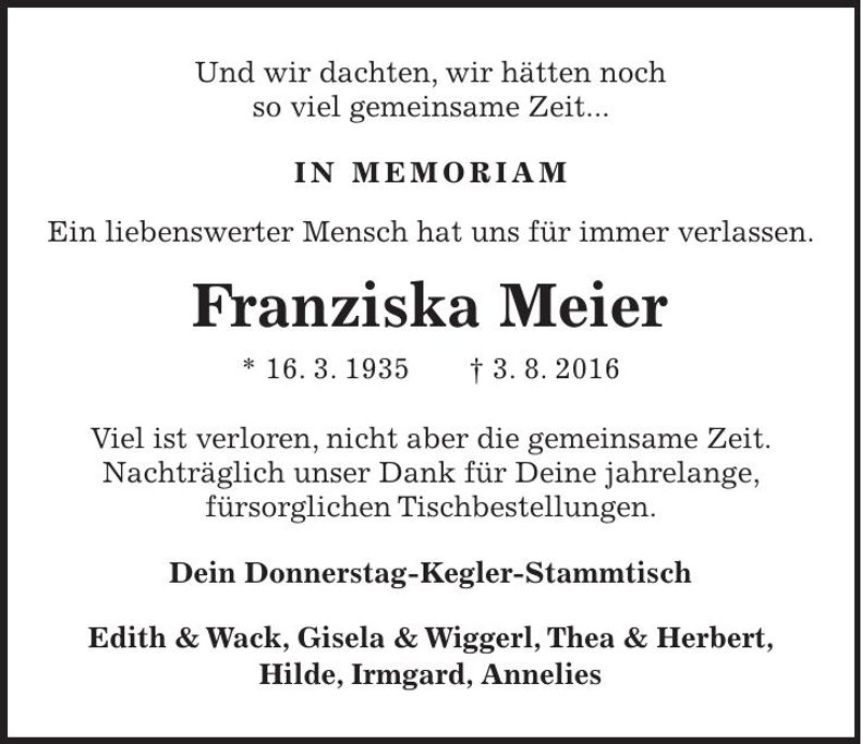 Traueranzeige Franziska Meier