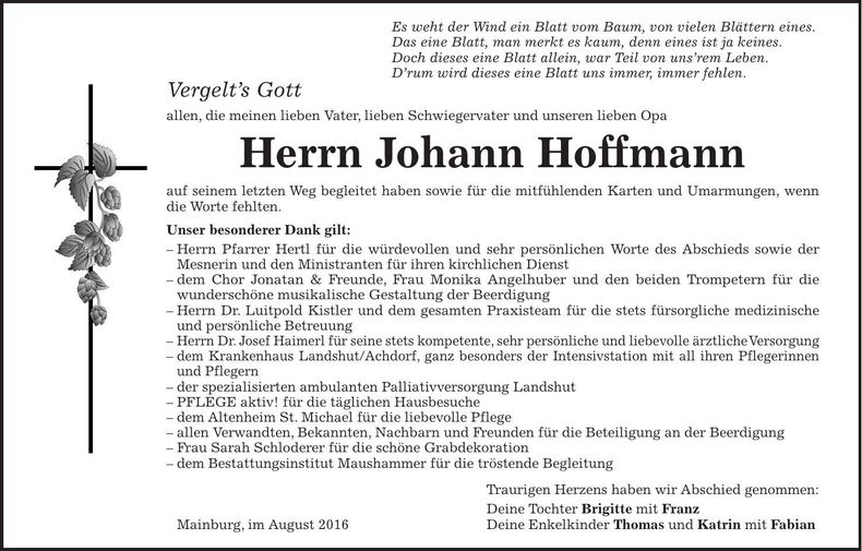 Traueranzeige Johann Hoffmann
