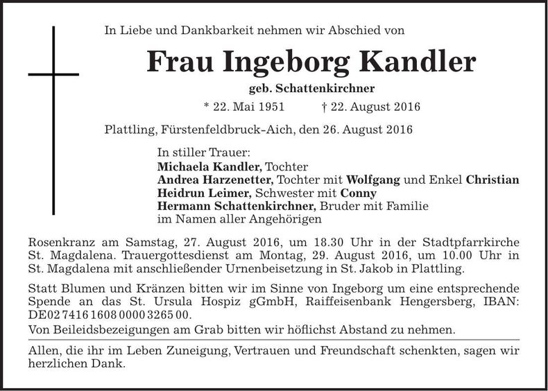 Traueranzeige Ingeborg Kandler