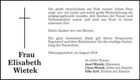 Traueranzeige Elisabeth Wietek