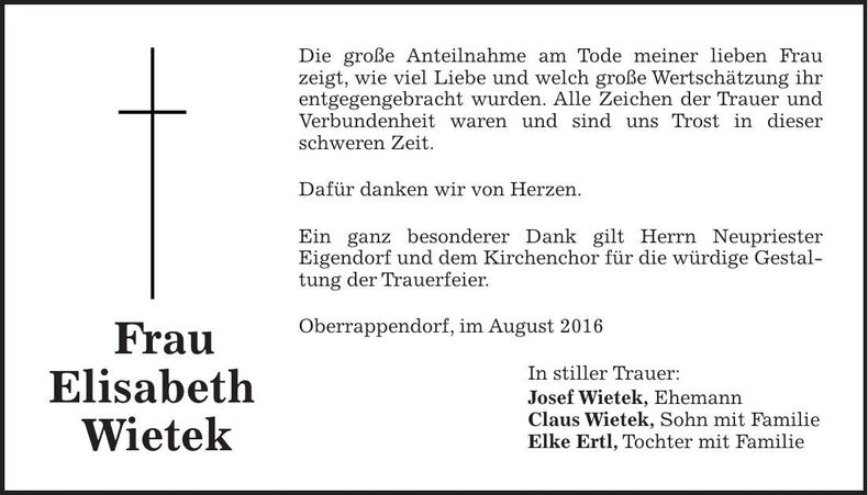 Traueranzeige Elisabeth Wietek
