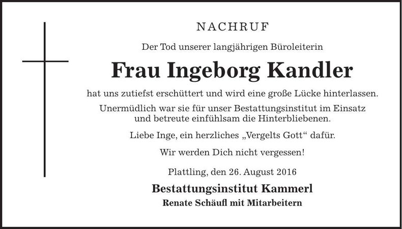 Traueranzeige Ingeborg Kandler