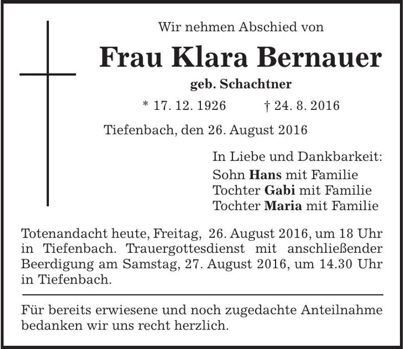 Traueranzeige Klara Bernauer